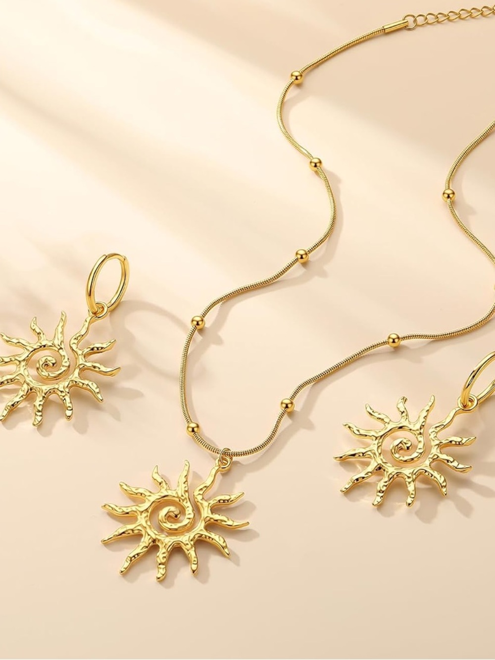Anthropologie Shiny Gold Sunburst Necklace & Hoop Earrings Set